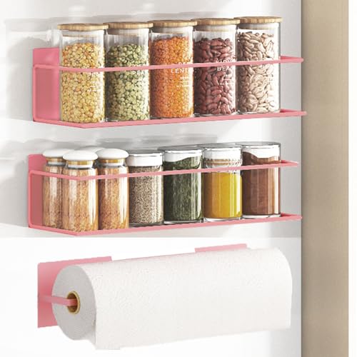 Image of Magnetic Spice Rack For Refrigerator, Space Saving Magnetic Shelf For Fridge Pink 2 Pack With Magnetic Paper Towel Holder