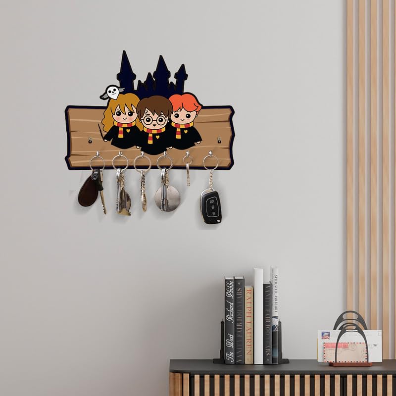 Image of Decorative 3 Harrys Wooden Key Holder for Home Decor Key Hangers Keychain Holder & Key Holder for Wall | No Drilling Required | with 2 Strong Sticker Hooks