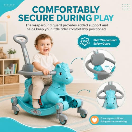 Image of 3 in 1 Baby Horse Rider for Kids 1-5 Years with Parent Handle, Rocking Horse, Ride On Toy, 360 Safety Guard, Music, Swivel Wheels, Backrest, Baby Ride On for Boys & Girls (Cyan)