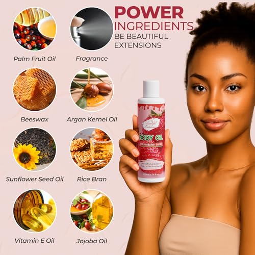 Image of Body oil designed for Deep Hydration to nourish, protect, and rejuvenate the skin while leaving it with a soft, radiant glow and a strawberry scent long -lasting fragrance, jojoba oil and more 6.76oz