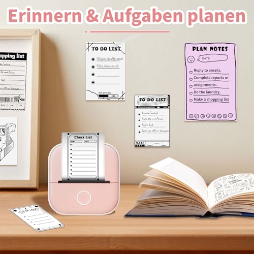 Odaro T02 Mini Drucker, Inkless Sticker Drucker Protable, Inkless Fotodrucker mit 1 Rolle Papier, Bluetooth Thermotaschendrucker für Notizen, Fotos, DIY Druck, Geburtstag, Rosa