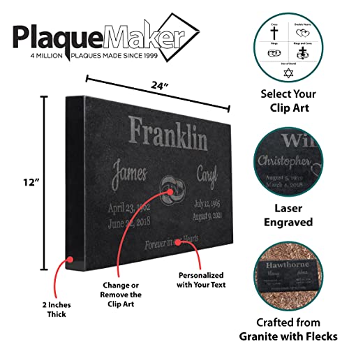Image of PlaqueMaker Black Granite Memorial Headstone for Two Lost Loved - Great for Your Garden, Tree Dedication, or in a Cemetery. Includes Your Text and Select Clipart (24 x 12 x 2)