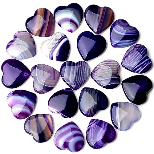 Image of QINJIEJIE 20PCS Purple Agate Heart Stones Crystals Bulk Love Shaped Worry Stone Heart Rock Pocket Polished Palm Gems Crystal Reiki Balancing Wholesale Carved Stone Decor Gift