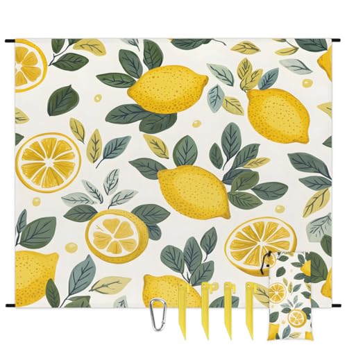 Eabrults Waterproof Sandproof Beach Blanket, 59''×68'' Lemon Drawing Polyester Outdoor Picnic Blanket with 4 Stakes & Storage Bag for Beach,Camping,Vacation Fruit