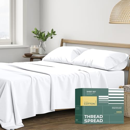 THREAD SPREAD 100% Organic Cotton Sheets - Organic Cotton Percale Weave Sheet Set, Soft, Cooling, Crisp & Breathable, 16" Deep Pocket Hotel Quality Bedding Set - 4 PC, King White - Thumbnail 4