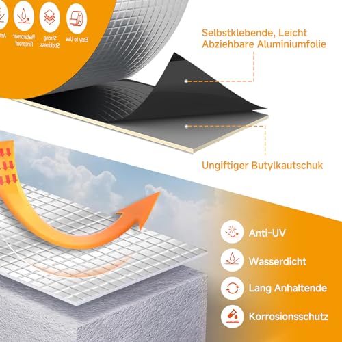 AFXXE Dichtband Selbstklebend Wasserdicht,5cm x 5m Bitumenband Butylband,AluFolie Wasserfestes Klebeband,Dach Dachrinnen Reparaturband,Dichtband Zur Verwendung an Löchern Rohren Dächern Wohnmobilen
