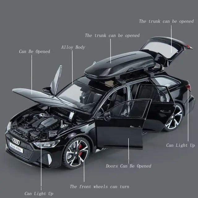 Image of Bebbly 1:24 Scale Big Size Audi RS6 Metal Diecast Car for Kids with Openable Doors, Sound, Light Effects Toy for Car Enthusiasts, Black