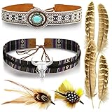 8 Piece Cowboy Hat Band Natural Hat Feathers Long Horn Turquoise Hatbands for Western Fedora Pork Pie Hats Braided