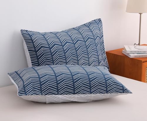 Image of SLEEPBELLA Navy and White Duvet Cover Set, 100% Cotton Bedding, Chevron Geometric Pattern, with Button Closure (3pcs, Twin Size)