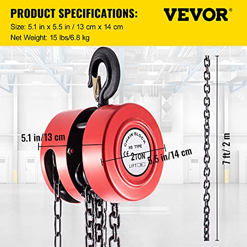 VEVOR Hand Chain Hoist, 4400 lbs /2 Ton Capacity Chain Block, 7ft/2m Lift Manual Hand Chain Block, Manual Hoist w/Industrial-Grade Steel Construction for Lifting Good in Transport & Workshop, Red - Thumbnail 7