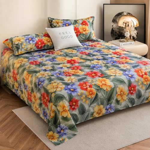 Image of Cotton Feel King Size Flat Bedsheet for Double Bed (90 x 100 Inches | 230 x 250 cm) with 2 Pillow Covers | Soft & Smooth Printed Bedsheet for Daily Use (GreenMulti 7D, King Bed-90x100)