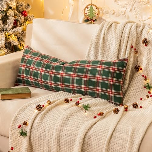 Image of AQOTHES Christmas Plaid Decorative Throw Pillow Covers Green Red 14x36