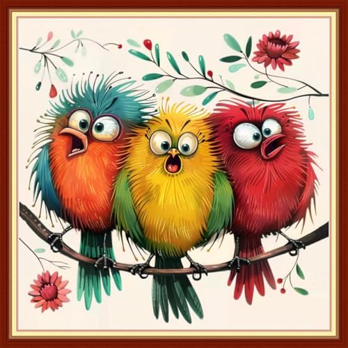 Image of Joyhoor Cross Stitch Kits for Beginners Stamped Cross-Stitch Supplies Needlework preprint Embroidery Kits for Adults DIY Needlepoint Kit Embroidery Patterns 11CT-Three Mischievous Birds 18x18 inch