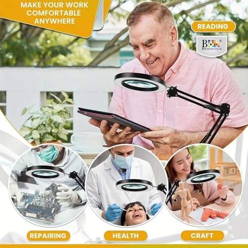 Image of BROLAVIYA Overhead Heavy Base 5X Magnifying Glass with Led Light and Stand, 3 Color Modes Dimmable, Flexible Metal Arm, Magnifier Desk Lamp for Crafts, Makeup, Reading, Photography - Black