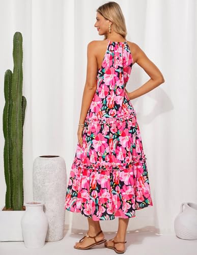 Image of GRACE KARIN 2026 Women's Floral Halter Maxi Dress Boho Summer Beach Sundress with Tiered Ruffle Skirt