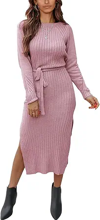 PRETTYGARDEN Women's Long Sleeve Crewneck Two Side Slit Tie Waist Slim Fit Sweater Dress Ribbed Knit Bodycon Midi Dress