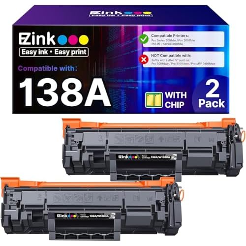 E-Z Ink 138A W1380A Replacement for 138A Black Laserjet Toner Cartridge W1380A 138X W1380X Compatible with Pro 3001dw 3001fdw MFP 3101fdw Series Printer (with Chip, 2 Black)