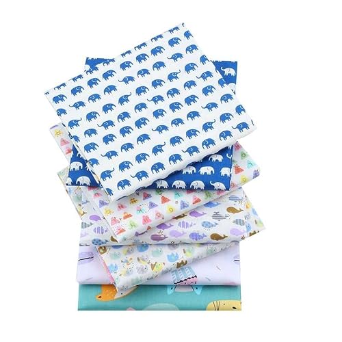 AMORNPHAN Fish and Elephant Animal Cartoon Printed 100% Cotton Quilting Bundles Fabric for Patchwork Needlework DIY Sewing Crafting Precut Face Mask 16x20 Inches (40x50cm.) Set of 7 Pieces (Elephant)