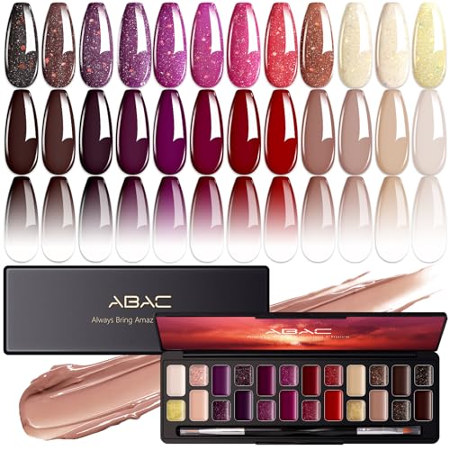 ABAC 24 Color Solid Gel Nail Polish Set Burgundy Red Purple Brown Colors w/Pro Brush No-Spill Gifts for Women All Season