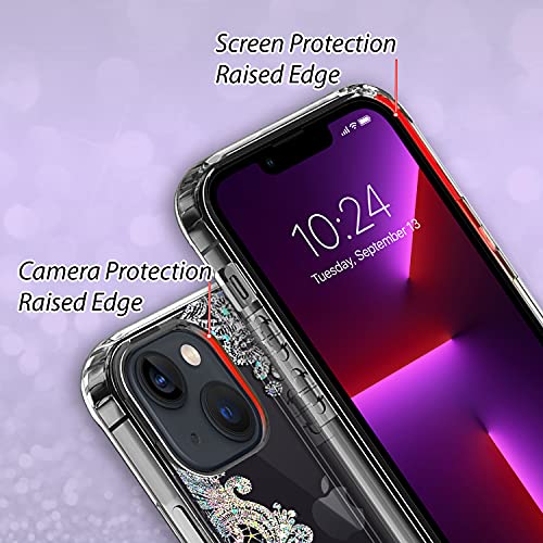 Coolwee Clear Glitter Compatible Iphone 13 Mini Case [Military Drop Protection] Flower Slim Crystal Lace Bling Shiny Women Girls Floral Hard Back Soft Tpu Bumper Protective Cover Mandala Henna Spakle #TOP7
