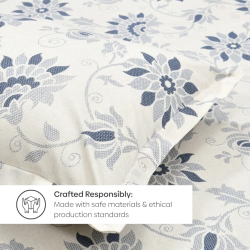 Image of Rivermoor 144 TC Cotton Bedsheet for Double Bed | Queen Size Bed Sheet with 2 Pillow Covers | White Blue Floral Pattern | 90 x 100 Inches