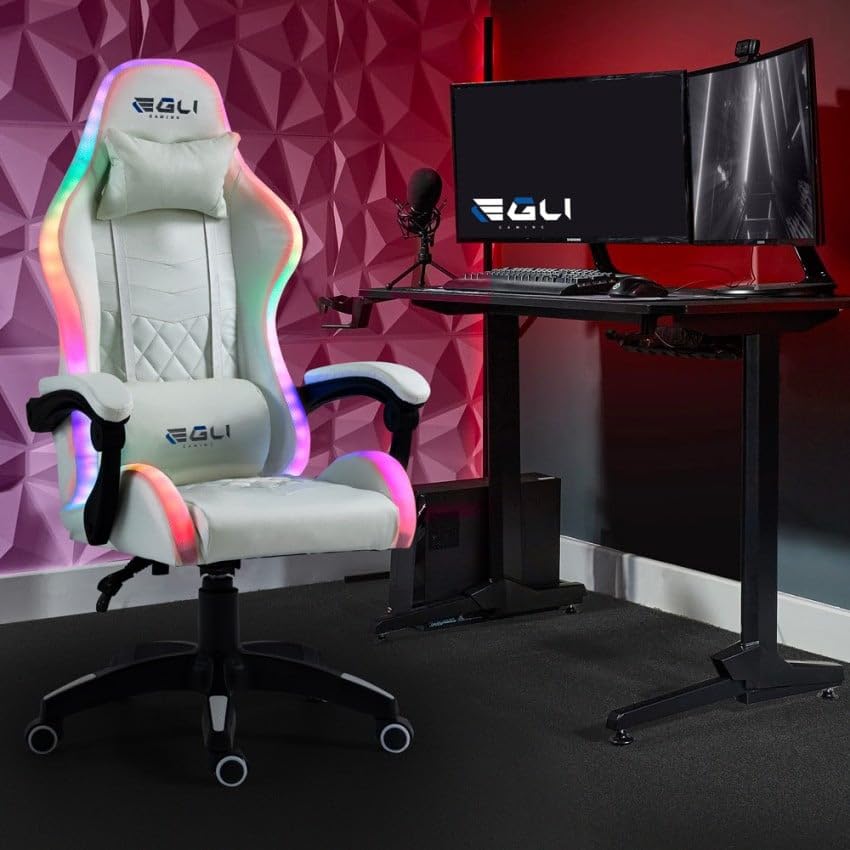 Produce Shop Silla Gaming Blanca ergonómica reclinable LED sillón con cojín Pixy
