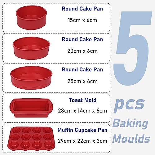5 In1 Nonstick Silicone Baking Moulds Bakeware Set including Round Cake Molds Kit, Bread Loaf Tin, Rectangle Muffin Trays - Image 2