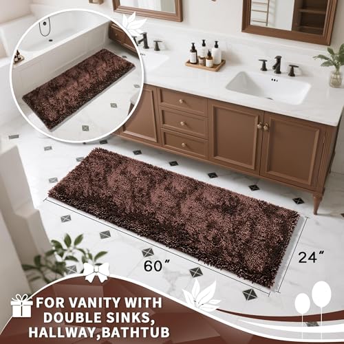 Image of Yimobra Long Bathroom Rugs Runner 60x24 Inch, Extra Thick Soft Absorbent Chenille Bath Mat, Non Slip Machine Washable, Quick Dry Bath Rugs for Bathroom Floor, Tub and Shower, Brown