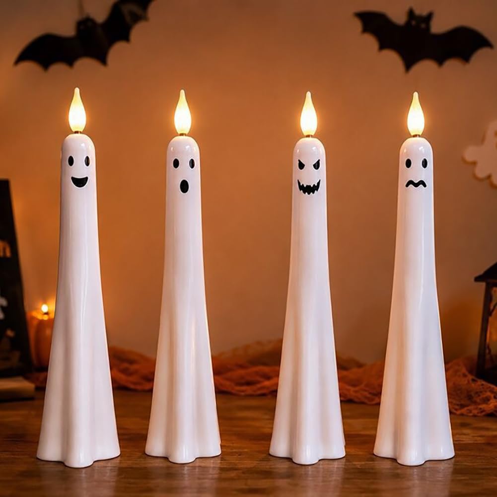 Bezpłomieniowe świece stożkowe na Halloween, z czujnikiem, zasilana bateryjnie świeca LED z migoczącym efektem płomienia, do dekoracji domu, na święta, imprezę (bez baterii), 12 szt