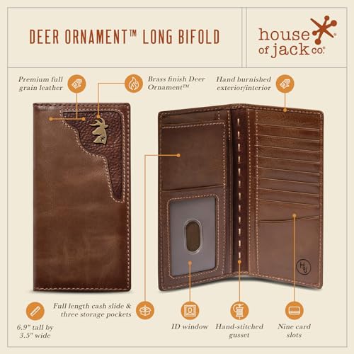 House of Jack Co. Deer Ornament Long Bifold Wallet for Men and Outdoorsmen, Rodeo Wallet, Full Grain Cowhide Leather Wallet, Brown3