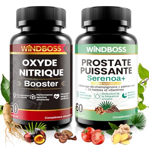 WINDBOSS Pack 2 en 1 – Booster d’Oxyde Nitrique & Complément Prostate pour Hommes – 60 Gélules Chacun – Améliore Circulation, Endurance, Santé Urinaire et Qualité du Sommeil avec