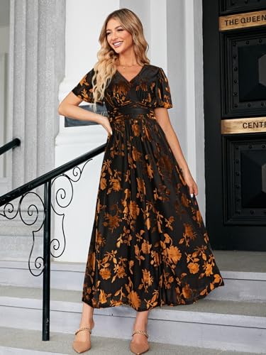 Image of Simplee Women's V Neck Velvet Maxi Dress Short Sleeve Empire Waist Long Formal Dress for Wedding Guest