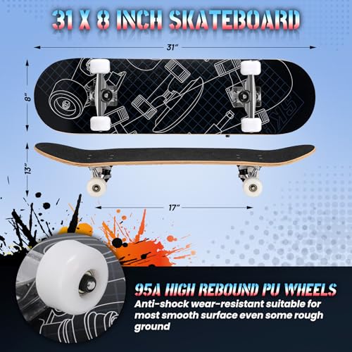 Image of Pro Complete Skateboards for Beginners Girls Boys Kids Youths Teens Adults 31 inchx8 inch Skate Boards 7 Layers Canadian Maple Double Kick Deck Concave Longboard