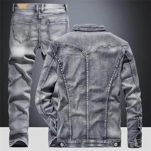 Men's Denim 2-Piece Set, Loose Large-Size Versatile Casual Jacket + Trousers Denim Set Gray9 4XL Coat Size 38 Pants2