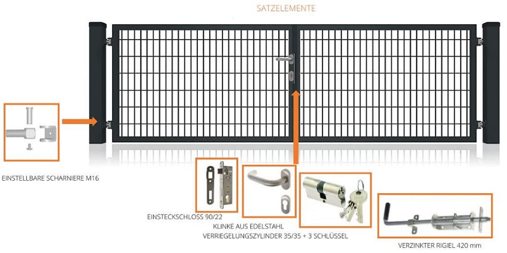 Doppelflügeltor Premium für Doppelsabmattenzaun Anthrazit 8/6/8 inkl Schloss Schlüssel Pfosten Breite: 4500 mm Höhe : Höhe 2000 mm