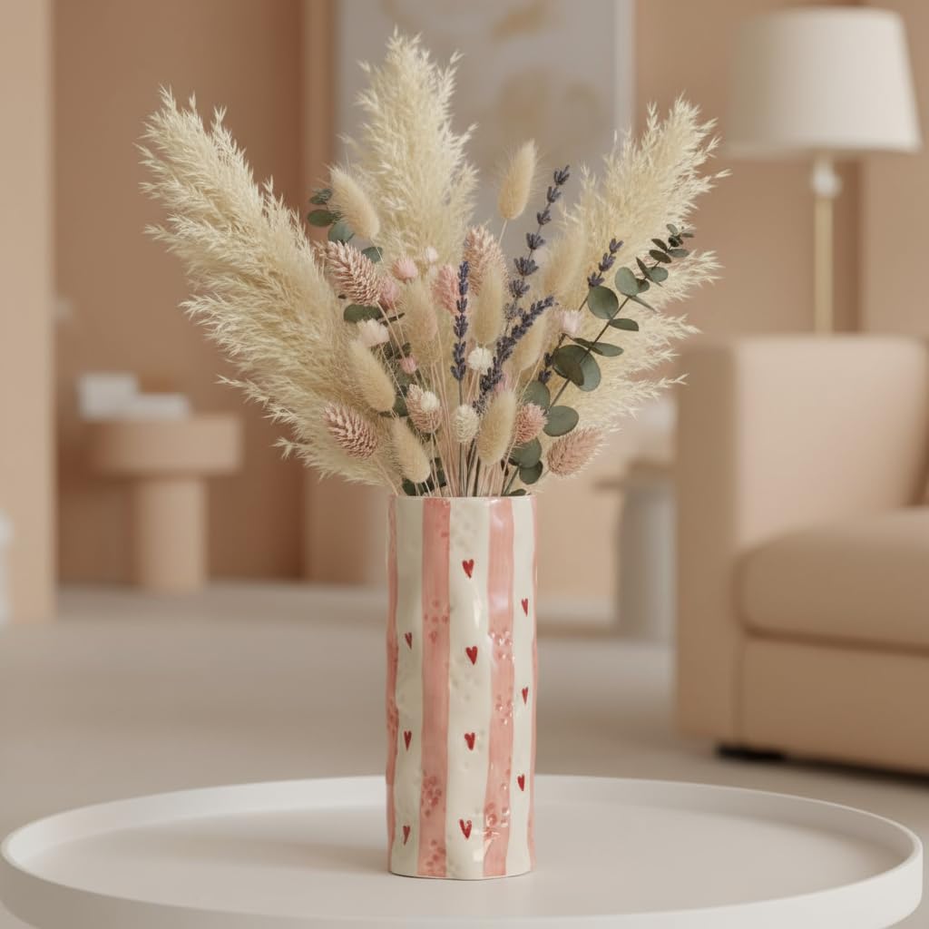 PUREZENTO Pink & White 'HeartStripes' Ceramic Vase - 8.2 Inch (Pack of 1) | Unique Glossy Bottle Vase for Dried Flowers & Pampas Grass | Vases for Modern Home Decor, Living Room & Office Decor Ideas-image-29