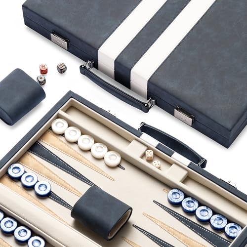 Lingle 15inch Backgammon Sets for Adults, Classic Backgammon Board with Unique Checkers Dice, Faux Leather Exterior and Velvet Interior, Portable Backgammon Travel Set (Blue) - image 1