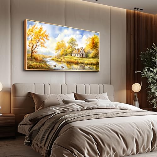 ERQINHUA Large Wall Decoration Canvas For Bedroom Wall Art For Living Room Office Decor Yellow Pastoral Creek Landscape Painting Wood Frame Pictures Art Print Farmhouse Home Wall Aesthetics 24"x48"