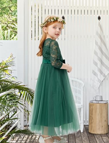 Girls Dresses Lace Flower Girl Dresses Green Quarter Sleeve Satin Bowknot Mesh Tulle Dress for Litter Girl Wedding3