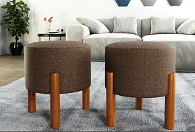 PC Móveis – Kit 2 Puff Redondo Luxo Decorativo em Linho ou Suede – Sala, Quarto e Escritório (Linho, Marrom)