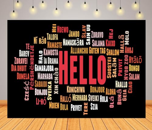 Loccor 8x6ft Fabric International Hello Backdrop Hello Word Cloud in Different Languages Background Around The World Hello Banner Sports Events Party Classroom Decor Photo Props by Loccor - Used condition - US$18.96
