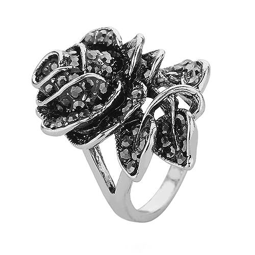 GALPADA Bague Rose Noire Vintage Multicouches En Alliage Argenté Cristaux Taillés, Taille 6, Bague Féminine Pour Présent Et Usage Quotidien