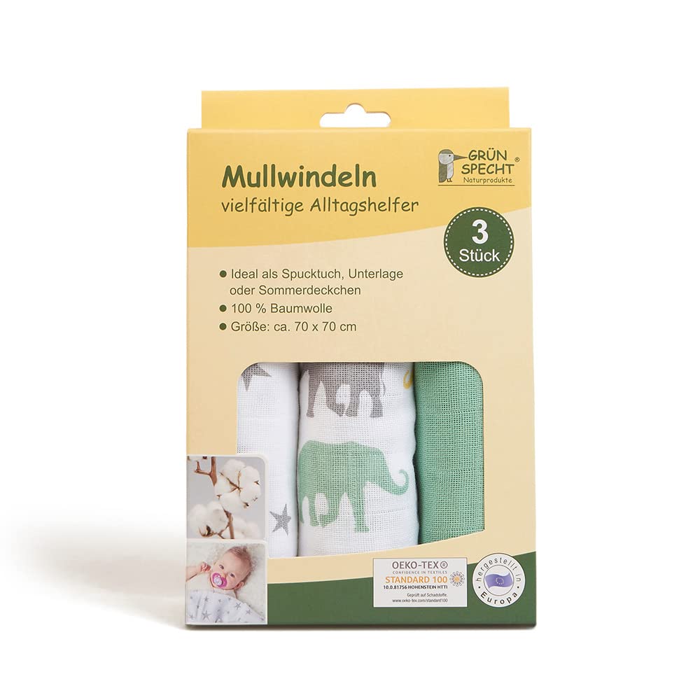 GRÜNSPECHT Pannolini di garza 70 x 70 cm in 100% cotone, senza sbiancanti ottici, delicati sulla pelle e assorbenti, 3 pezzi, verde, stelle, elefanti (1500-V4)
