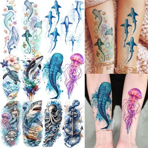 Image of VANTATY 12 Sheets Marine Life Ocean Animal Temporary Tattoos For Women Men Adults Forearm Tattoo Sticker, Realistic Watercolor Sea Whale Shark Turtle Fake Tattoos Hand Neck Body Art Temp Tatoos Makeup