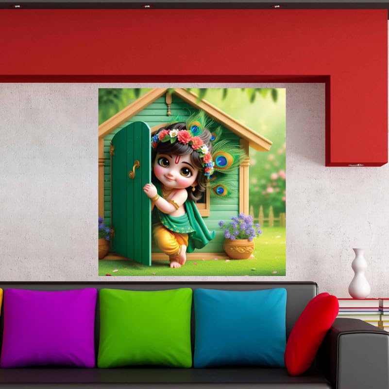 Image of British Terminal Cute little Bal Gopal Baby God Krishna| Kanha Ji | Laddu Lord Makhan Chor Painting Religious Poster for Pregnant Women for wall (matt thin vinyl,sticker,multicolor,unframed)| bj137