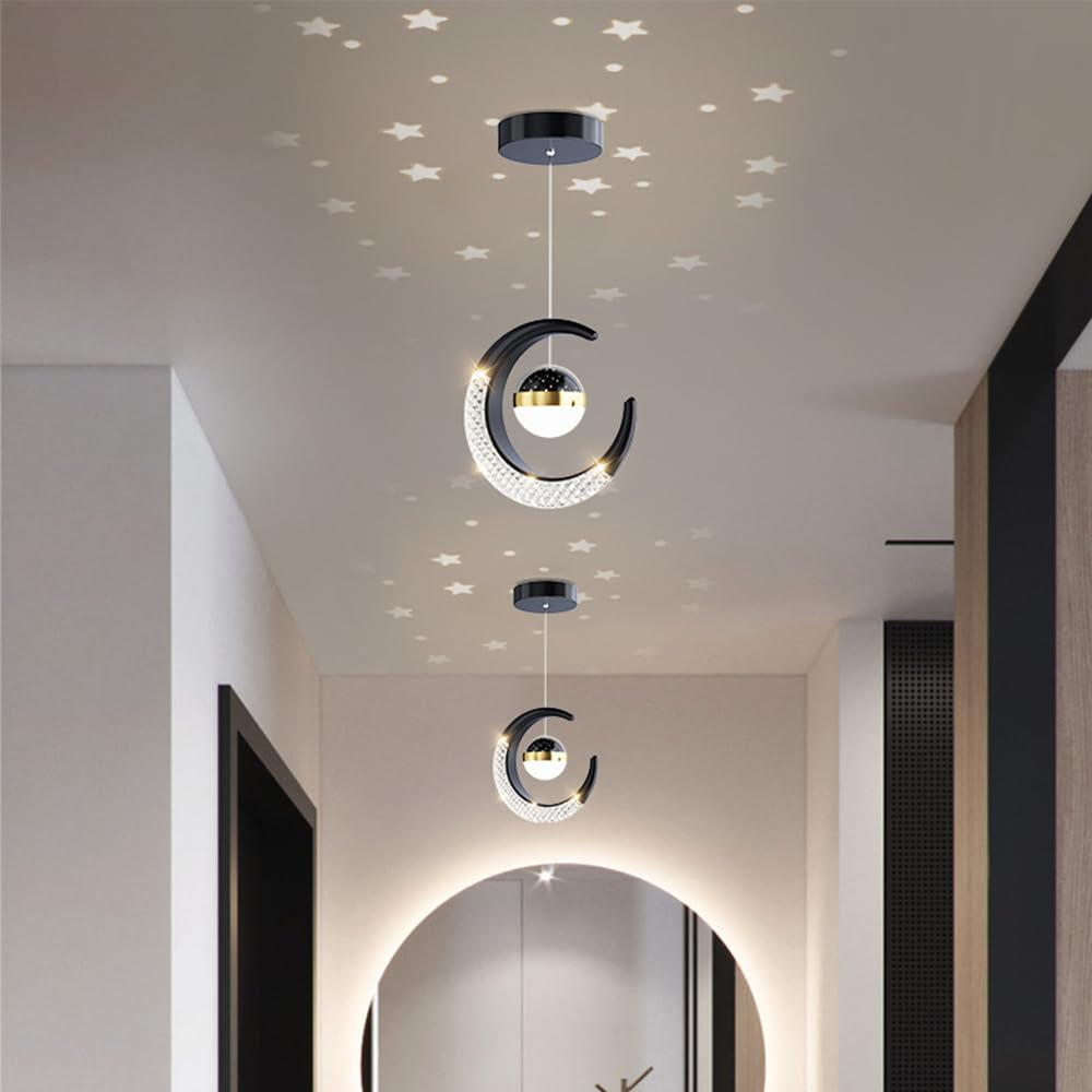 Mengjay Suspension Luminaire Lune et Étoiles Nordique Créativité LED Lustre Plafonnier 10W Lampe à Suspension avec Projection d'étoile Moderne pour Enfants Chambre (Noir, Blanc Chaud)