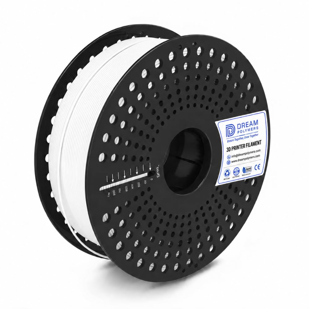 Dream Polymers PETG 3D Printer Filament 1.75mm, 1kg Spool, Strong & Durable PETG Filament for FDM 3D Printing (1, Traffic White)
