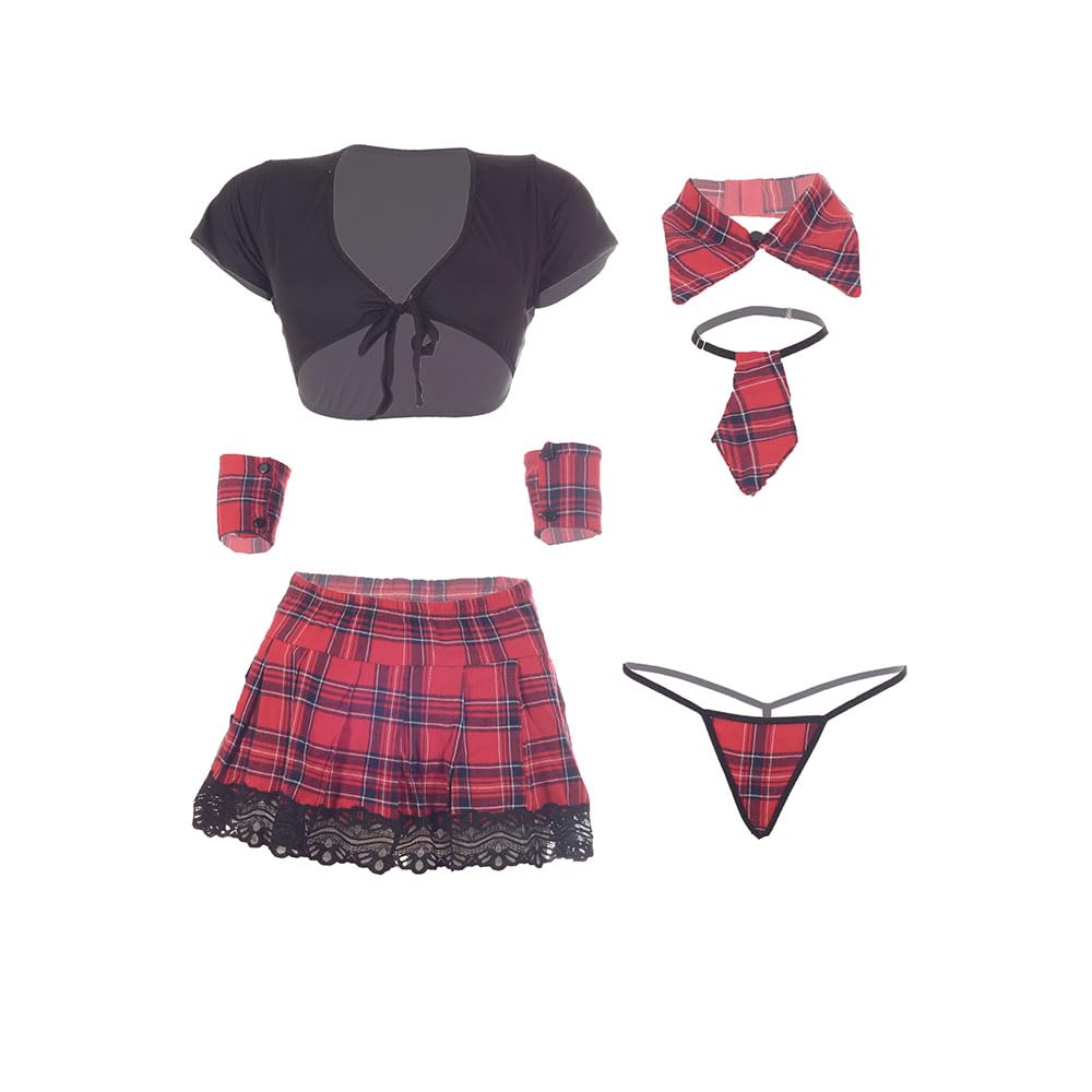Women's Microfiber Black Schoolgirl Roleplay Lingerie Skirt Set With Handcuff and Tie-image-35