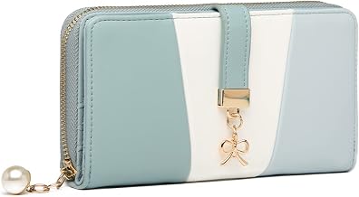 Miss Lulu Womens Purse Chic Tri-Colour Long Wallet Clutch for Ladies | with 12 Card Slots & Coin Phone Pocket, with Delicate Bow & Pearl-Look Detail