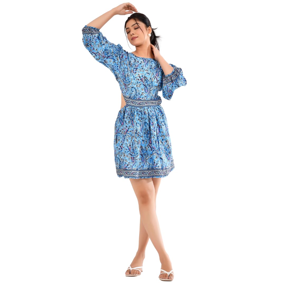 Hand Block Print Crepe Silk Semi Backless Mini Dress Blue Paisley Print with Puff Sleeves-image-1
